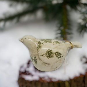 Ceramic Toile Bird Figurine  by Transpac - Cream & Green Floral -  Looking Up